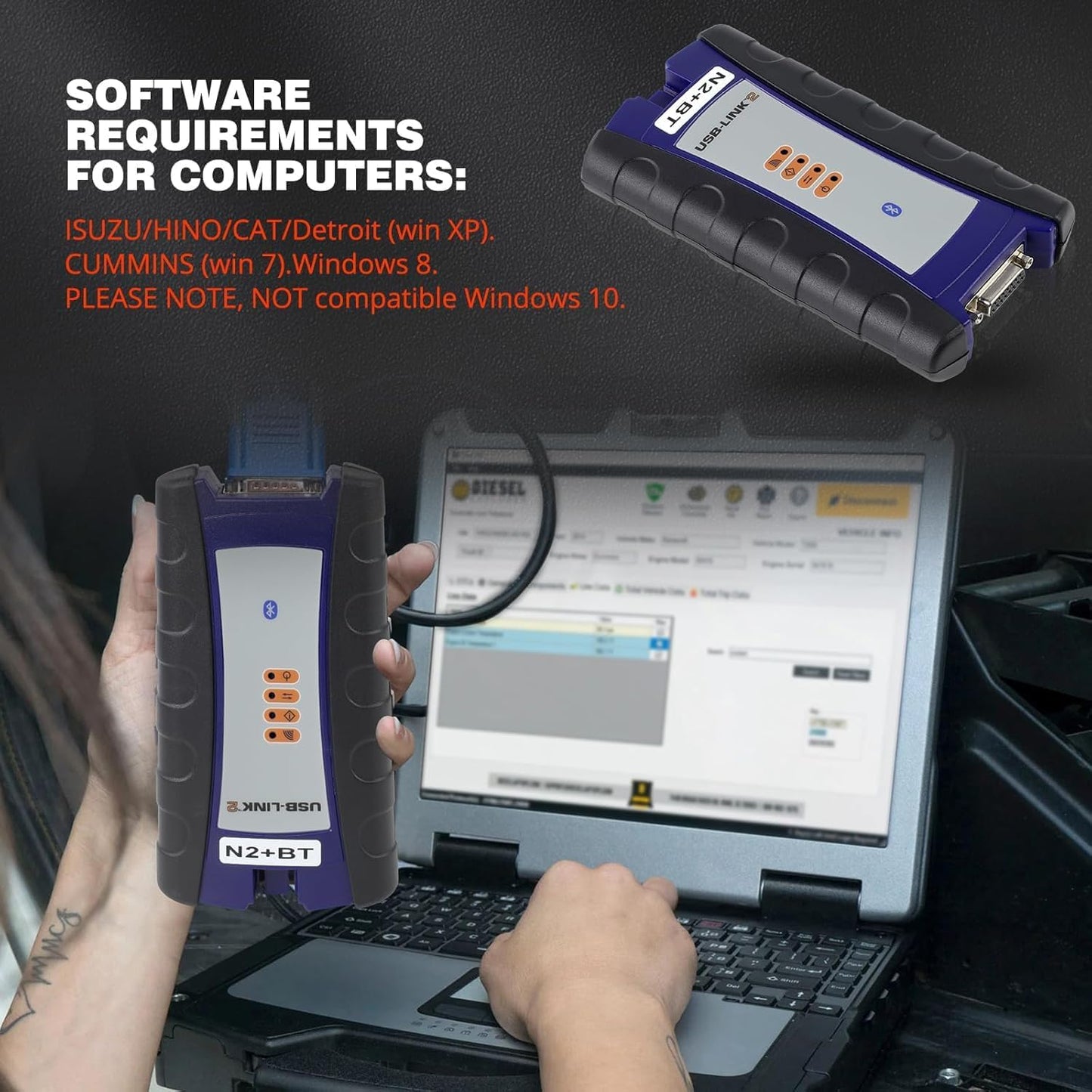 Usb-Link Nexiq N2+BT Diagnostic Tool with Cables, Bluetooth Nexiq USB Link 2 Heavy Duty Truck Scanner Diagnosis